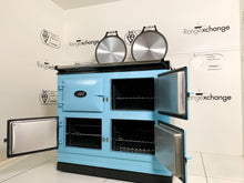 Load image into Gallery viewer, Reconditioned 3 oven Dual Control Dual Fuel Aga cooker in Powder Blue Door Open
