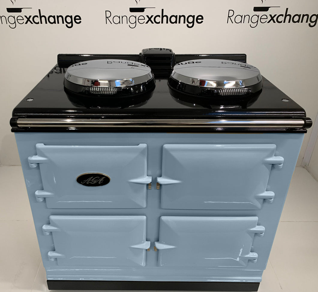 Reconditioned 3 oven Dual Control Electric Aga cooker in Duck Egg Blue.