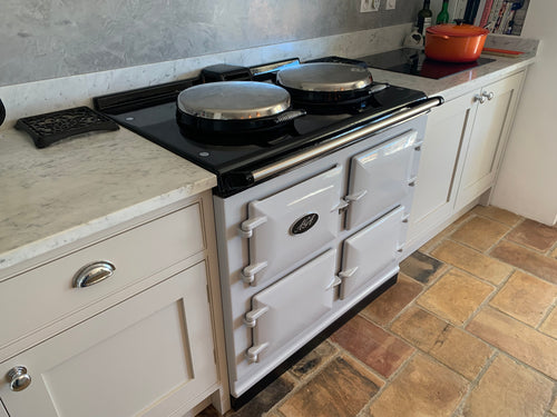 Reconditioned 3 oven Dual Control Electric Aga cooker in Pearl Ashes.