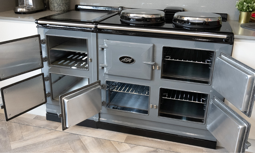 picture of a reconditioned dual control electric aga cooker in slate grey with doors open showing inside the ovens