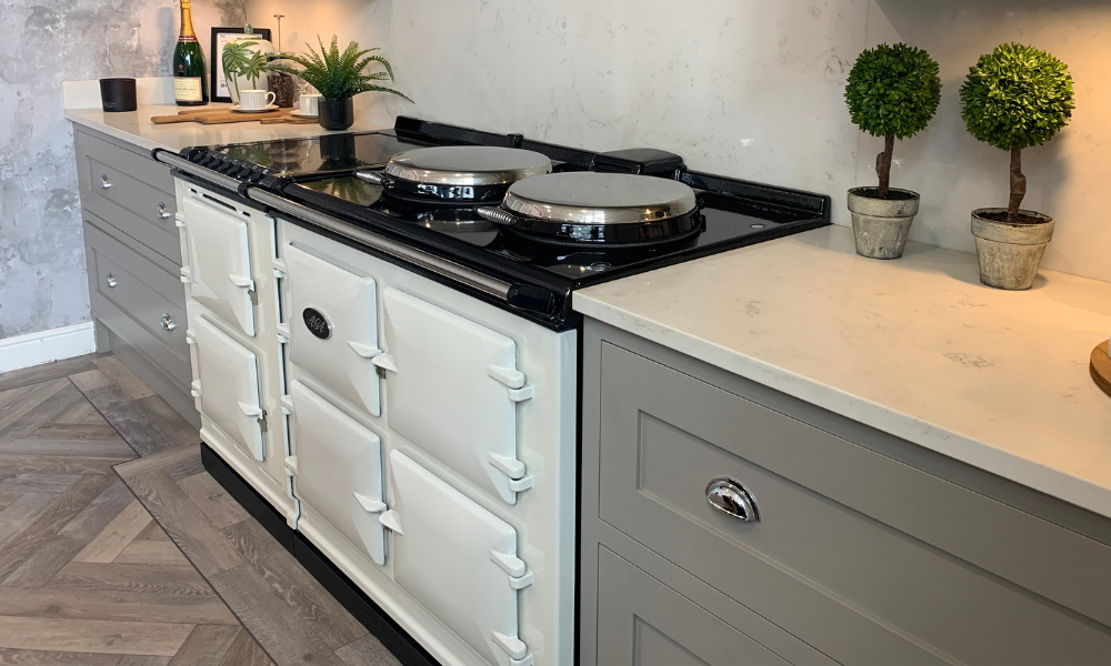 Picture of a white reconditioned Aga cooker installed in a kitchen